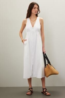AREA STARS White Cotton Waist Cinching Sleeveless Jean A-Line Dress Size Large